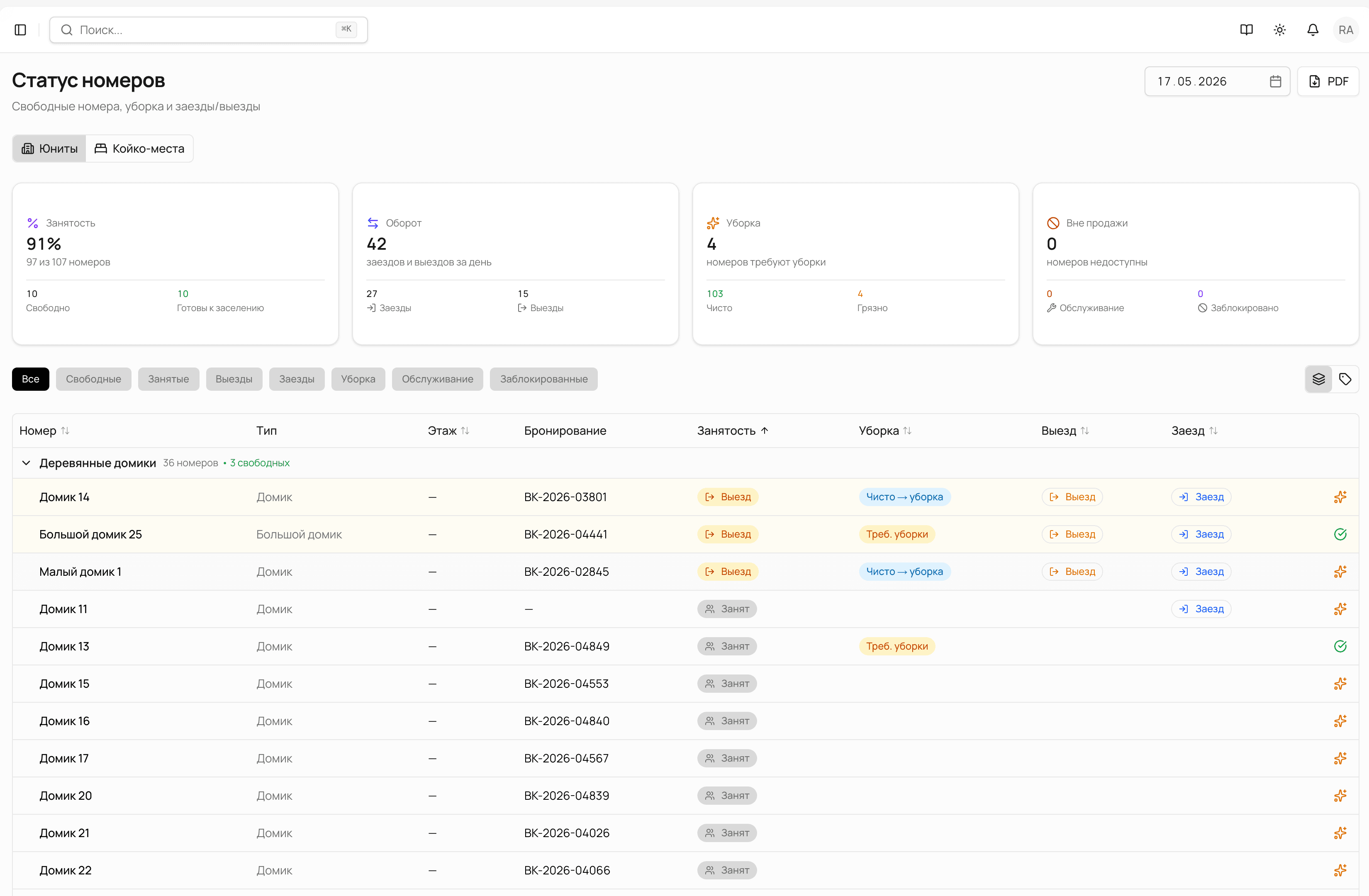 StayBase — статус номеров